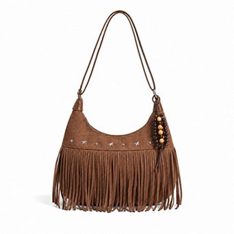 Women's Suede-Like Fringe Hobo Shoulder Bag with Studded Star and Beaded Charm Details