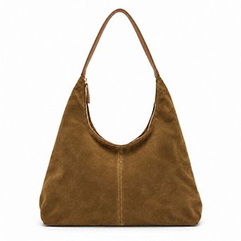 Slouchy Faux Suede Hobo Shoulder Bag with Zip Closure and Wide Strap