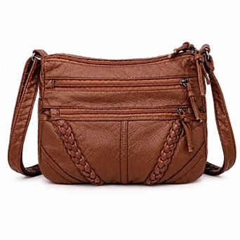 Women's Multi-Pocket Crossbody Bag with Adjustable Strap and Braided Trim