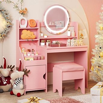 Vabches Kids Vanity Table and Chair Set with Lights and Storage