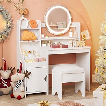 Vabches Kids Vanity Table and Chair Set with Lights and Storage