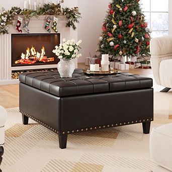 Vabches 31.5 in Square Faux Leather Storage Ottoman Coffee Table with Lift Top