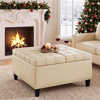 Vabches 31.5 in Square Faux Leather Storage Ottoman Coffee Table with Lift Top