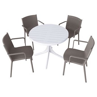 KWPZQEB Outdoor Dining Table Set of 5, White Modern Round Table & 4 Stackable PP Dining Armchair