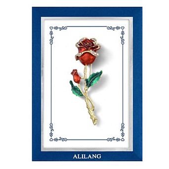 Flower Enamel Stem Brooch Pin Clear Rhinestones with Family or Friend Gift Message Card Envelope