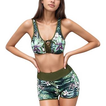 Women's Two-Piece Swimsuit Set with Lace-Up Front Sports Bra Top and High Waist Swim Shorts