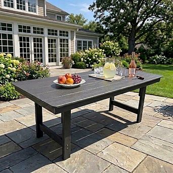 HDPE Outdoor Dining Table, Weather-Resistant Rectangular Patio Table with 2" Umbrella Hole