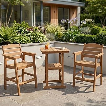 3 pc Outdoor Bar Set, All-Weather Poly Lumber Bistro Table and 2 High Barstools with Armrests