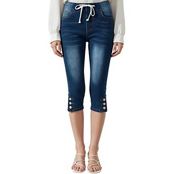 Women's Drawstring Elastic Waist Capri Jeans, Button Decor Split Hem Stretch Denim Pants