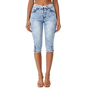Women's Drawstring Waist Textured Capri Jeans, Decorative Button‑Hem Mid‑Calf Denim Pants