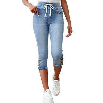 Women's Drawstring Elastic Waist Capri Jeans, Decorative Button‑Cuff Mid‑Calf Denim Pants