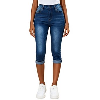 Women's High Waist Cuffed Capri Jeans, Button Closure Stretch Denim Pants with Pockets