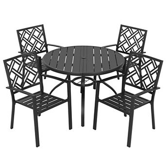 5 pc Metal Patio Dining Set with Umbrella Hole, Stackable Design