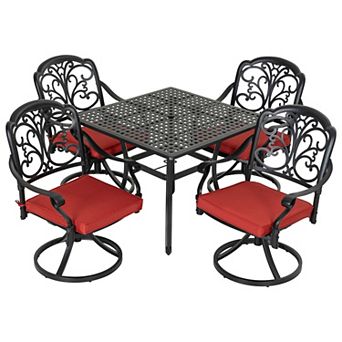 Cast Aluminum 5 pc Patio Dining Set with Umbrella Hole, Swivel Chairs