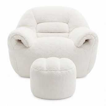 Storycute Faux Fur Bean Bag Chair with Back Support, Footstool & Shredded Foam for Adults & Kids