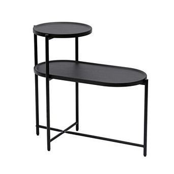 Round Coffee Table with Storage Tray, 2 tier Oval Wooden End Table for Living Room