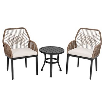 3 pc Rattan Outdoor Bistro Set with Cushions and Coffee Table