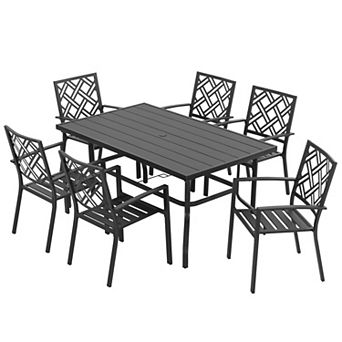7 pc Metal Patio Dining Set with Umbrella Hole and Stackable Chairs