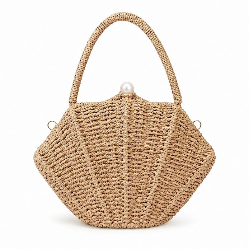 H Logo Top Handle Chain Bag カゴバッグ Shell Woven Top Handle Bag with Pearl Button and Detachable Chain