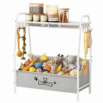 Large Dog Toy Storage Organizer Bin 23.6x11.2x9.7 Inch with Shelf and 6 Hooks for Pets