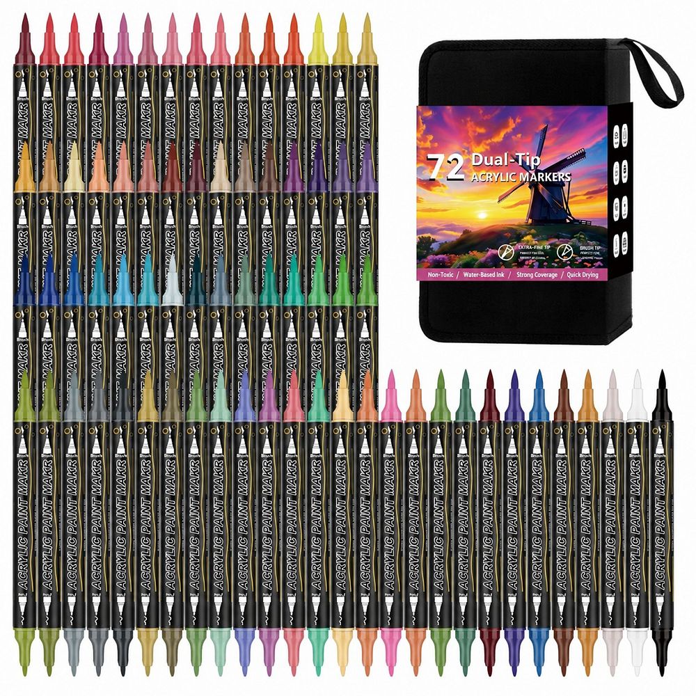 72 Colors Dual Tip Acrylic Paint Markers Set for Rock Wood Glass