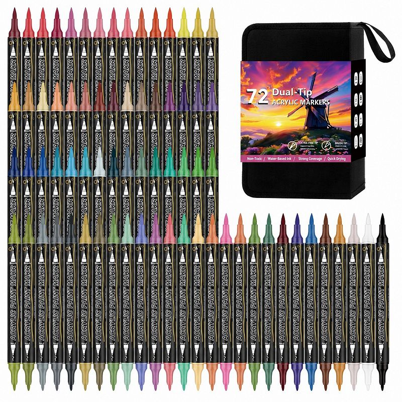 72 Colors Dual Tip Acrylic Paint Markers Set for Rock Wood Glass
