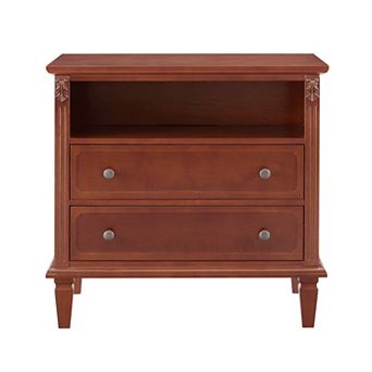 Nightstand with 2 Drawers & Open Shelf, Fluted Pilasters Design & Solid Wood Legs for Bedroom