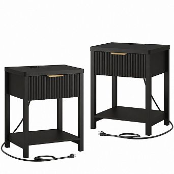 Gikpal 2 pc Fluted Nightstand, 1 Drawers Bedside Table with Charging Station, for Bedroom