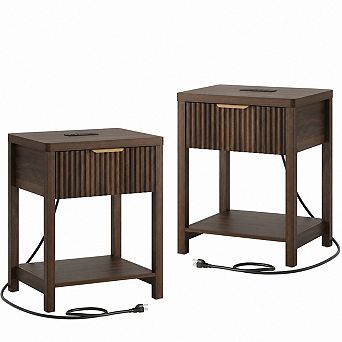 Gikpal 2 pc Fluted Nightstand, 1 Drawers Bedside Table with Charging Station, for Bedroom