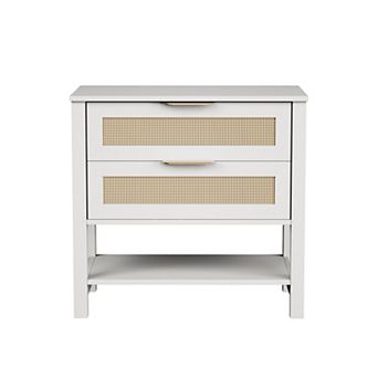Rattan Nightstand with 2 Drawers & Storage Shelf, Boho Narrow Side Table for Bedroom