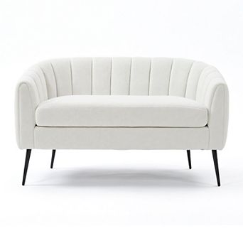 Upholstered Chenille Mini Loveseat, Modern Glam Small Settee with Metal Legs for Small Spaces