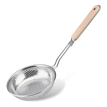 Stainless Steel Micro-Perforated Skimmer Strainer,Pasta Noodle Net Basket with Wooden Handle 7 inch