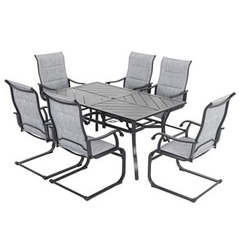7 pc Patio Dining Set with Umbrella Hole, For Lawn, Deck, Backyard, Light Gray