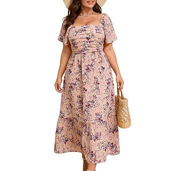 Women Plus Size Floral Square Neck Smocked Maxi Dress Short Sleeve Ruffle Casual Summer Dress