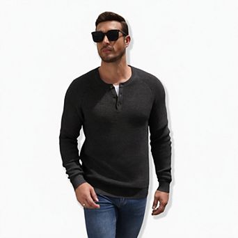COOFANDY Mens Sweaters Henley Casual Waffle Pullover Raglan Sleeve Button Crewneck Textured Knit
