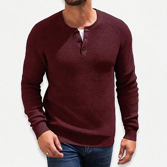 COOFANDY Mens Sweaters Henley Casual Waffle Pullover Raglan Sleeve Button Crewneck Textured Knit