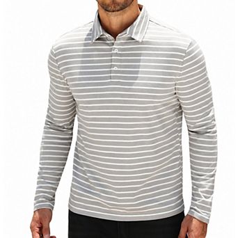 COOFANDY Mens Long Sleeve Rugby Polo Shirt Striped Moisture Wicking Golf Shirt