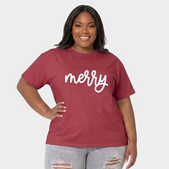 Merry Bold Cursive Puff Print - Women's Plus Garment Dyed Tee