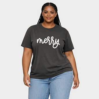 Merry Bold Cursive Puff Print - Women's Plus Garment Dyed Tee
