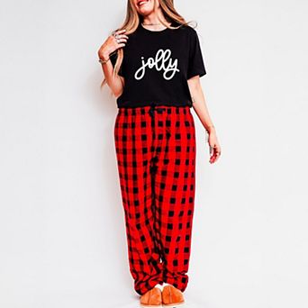 Jolly Bold Cursive Puff Print - Women's Plaid Pants and Tee Set