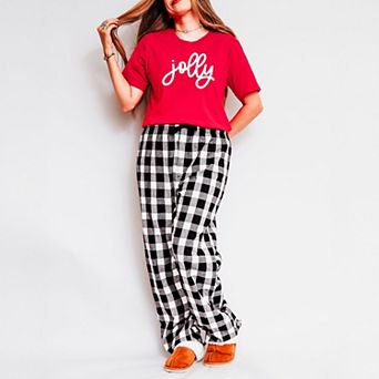 Jolly Bold Cursive Puff Print - Women's Plaid Pants and Tee Set