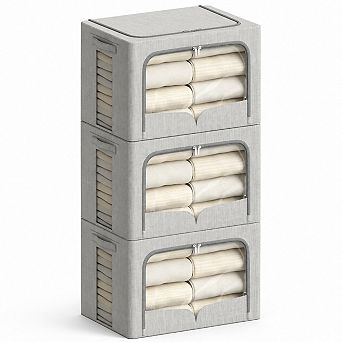 3-Pack Foldable Stackable Linen Fabric Storage Organizer Bins With Carrying Handles Clear Window