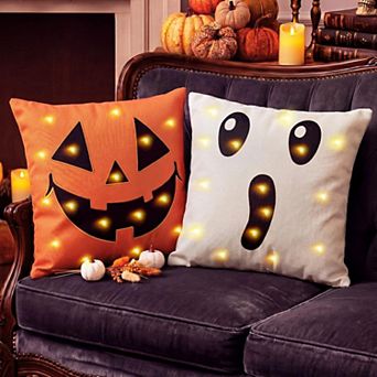 2 Set LED Lighted Spooky Halloween Throw Pillows Witch Pumpkin Decor