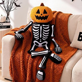 39 Inch Pumpkin Skeleton Plush Throw Pillow Spooky Home Party Decor
