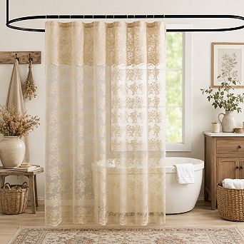 Vintage Lace Sheer Shower Curtain With Valance Scalloped Bottom Floral Bathroom Decor