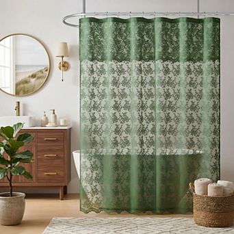 Vintage Shabby Chic Lace Shower Curtain With Attached Valance Scalloped Floral Light Filtering