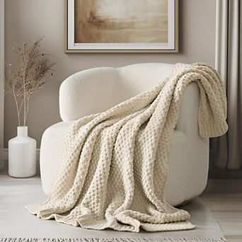 Chunky Chenille Knit Throw Blanket Moss Stitch All Season Warmth Certified