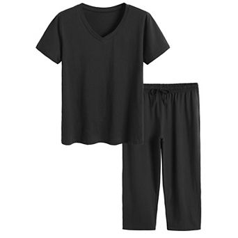 Women's Cotton Short Sleeve V Neck Capri Pants Pajama Set Sleepwear