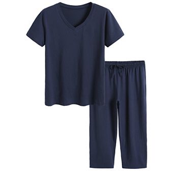 Women's Cotton Short Sleeve V Neck Capri Pants Pajama Set Sleepwear