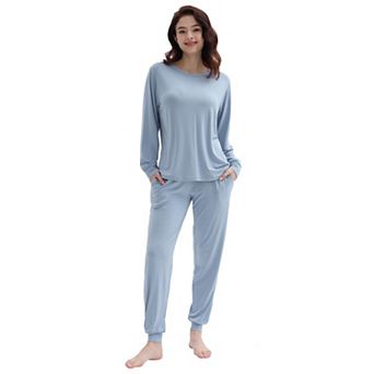 Women Soft Viscose Long Sleeve Pajama Set Jogger Pants Side Pockets Lounge Wear